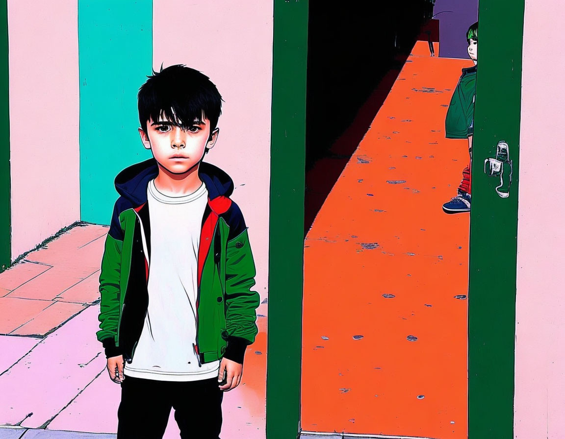 Dark-haired boy in colorful corridor gazes at camera