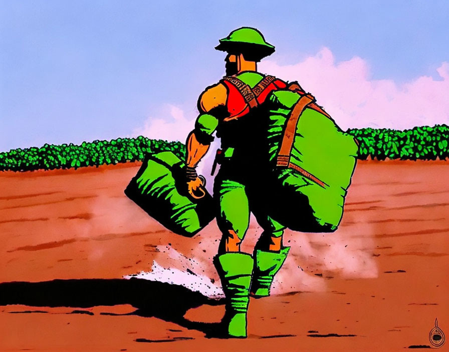 Illustration of person sowing seeds in green hat and boots in brown field under pink sky