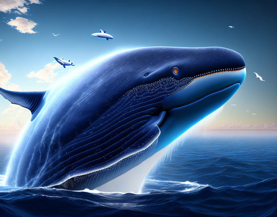 Majestic blue whale breaching ocean surface at sunset with birds and planes