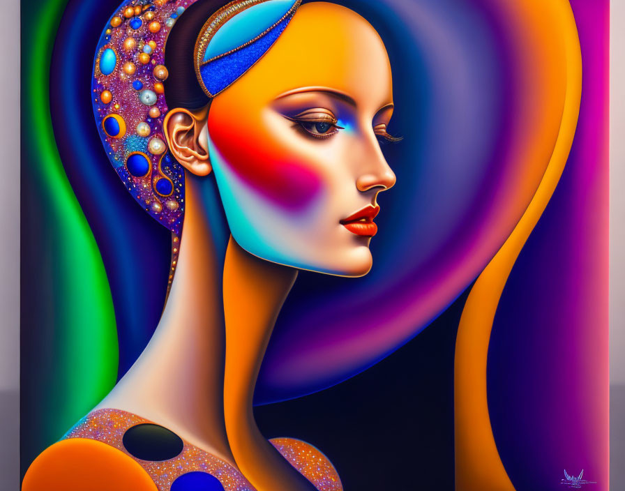 Vibrant digital painting of woman's profile with colorful swirls