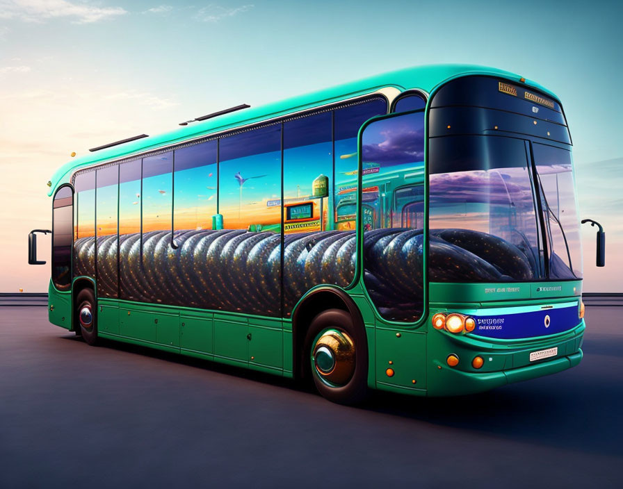 Sleek futuristic green bus with panoramic windows on twilight backdrop