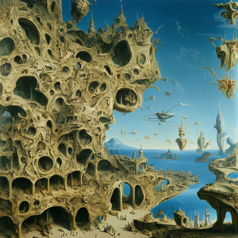 Surrealist painting of fantastical landscape with organic architecture and floating elements