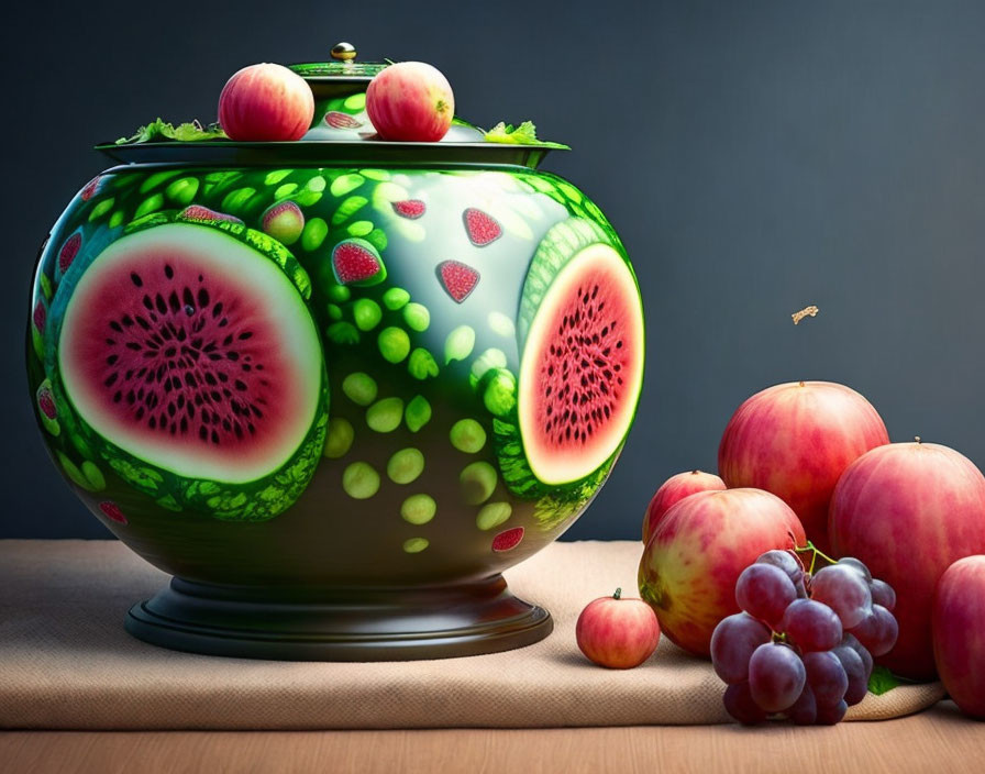 Whimsical watermelon soup tureen with apples and grapes on table
