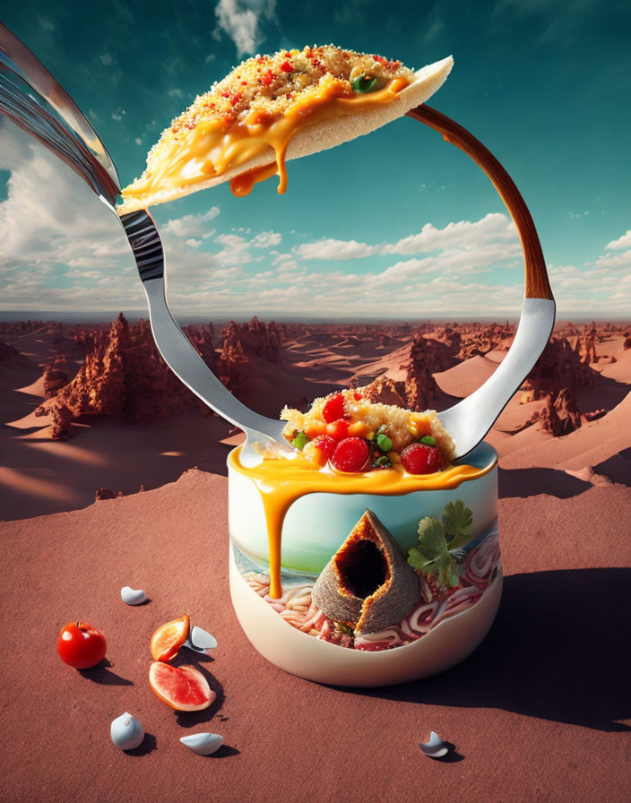 Surreal desert landscape with giant egg-shaped food container and taco on fork