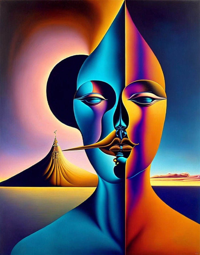 Colorful surreal painting: Two symmetrical faces sharing a single eye against a tent-like backdrop