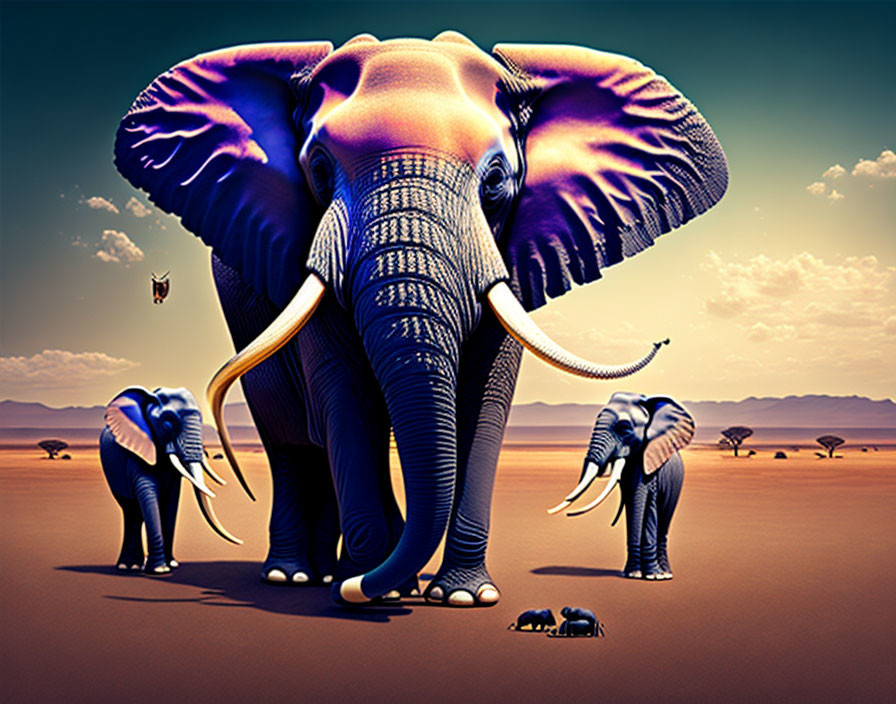 Surreal desert scene with oversized elephants and hot air balloon