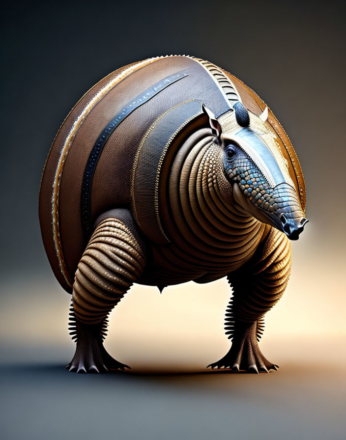 Stylized armadillo with mechanical and leather textures on gradient background