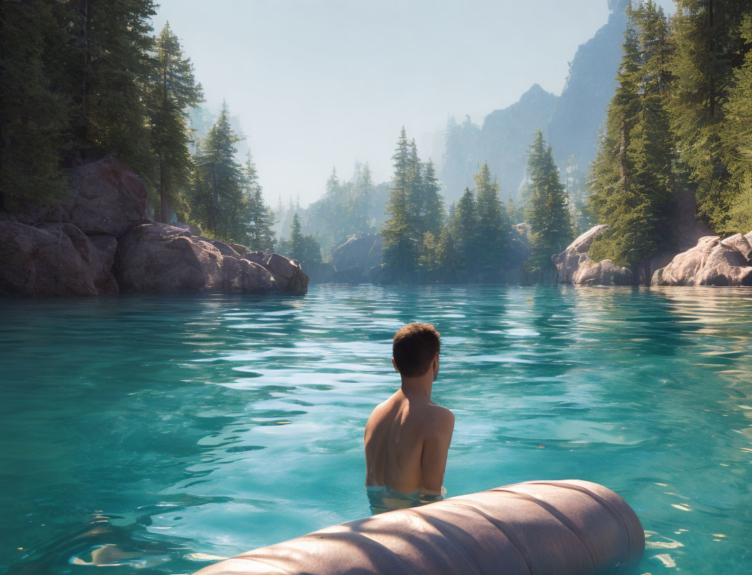 Person floating on clear blue lake surrounded by lush pine trees and distant mountains