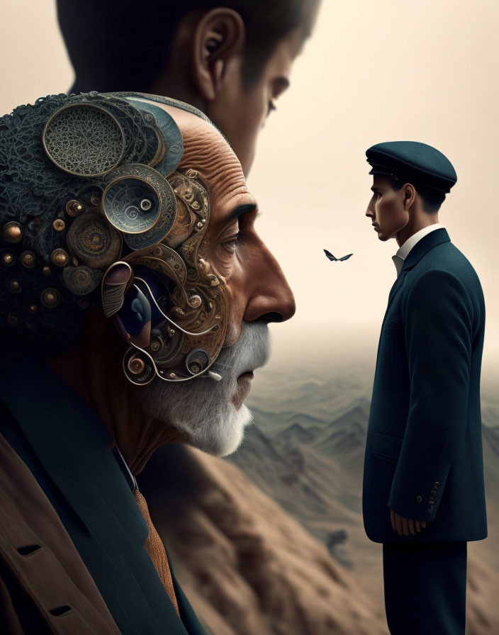Steampunk cyborg with gear head meets young man in uniform amidst surreal landscape