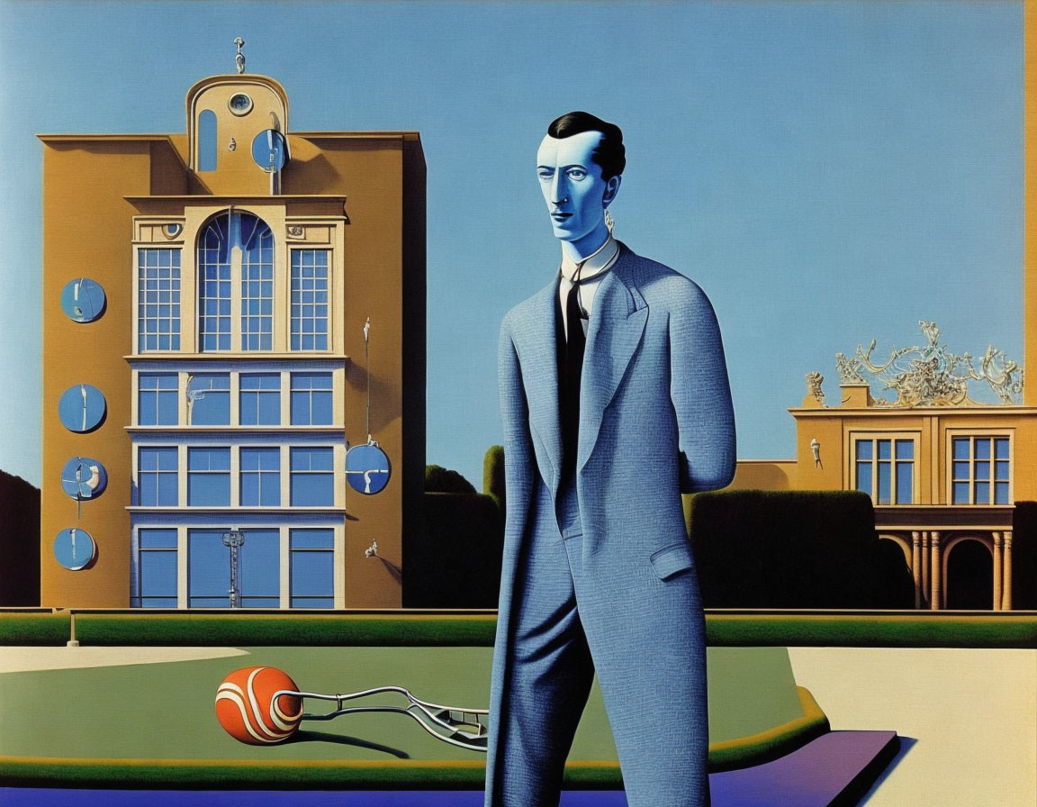 Surreal painting of man in suit with elongated torso and distorted face in architectural landscape