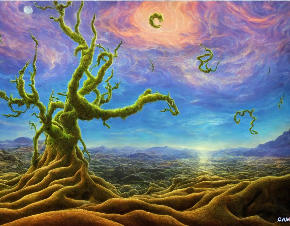 Vibrant surreal landscape with twisting tree and yellow terrain