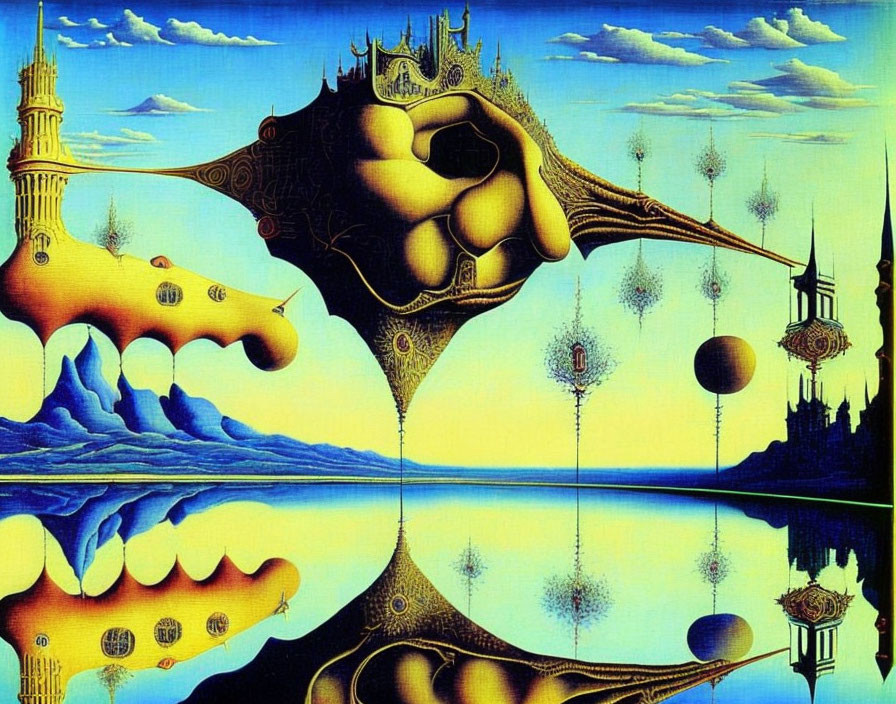 Vibrant surreal artwork: melting landscape, orbs, reflective water