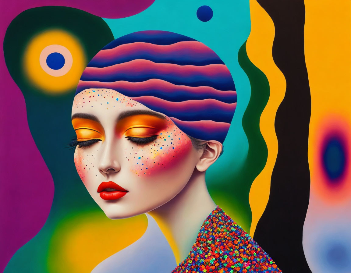 Vibrant surreal portrait of a woman with patterned skin and abstract background