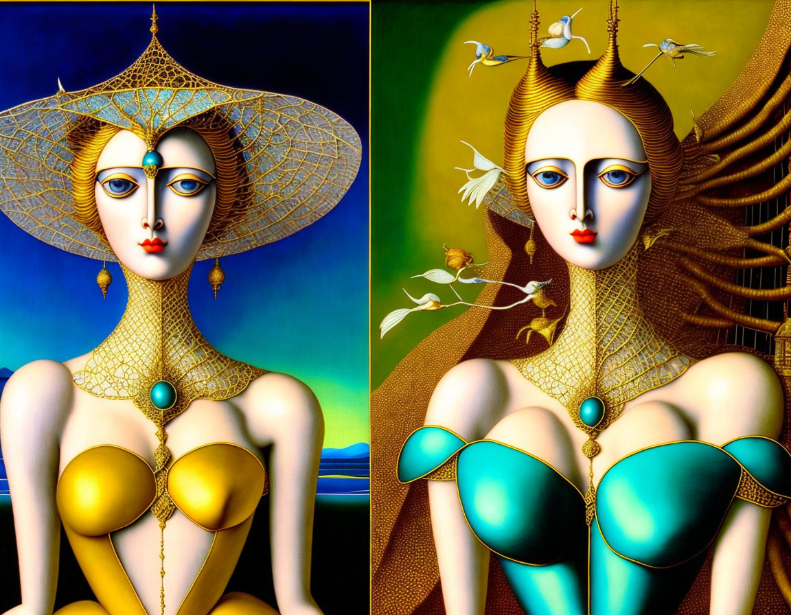 Surrealist painting of two figures in elaborate gold and blue attire
