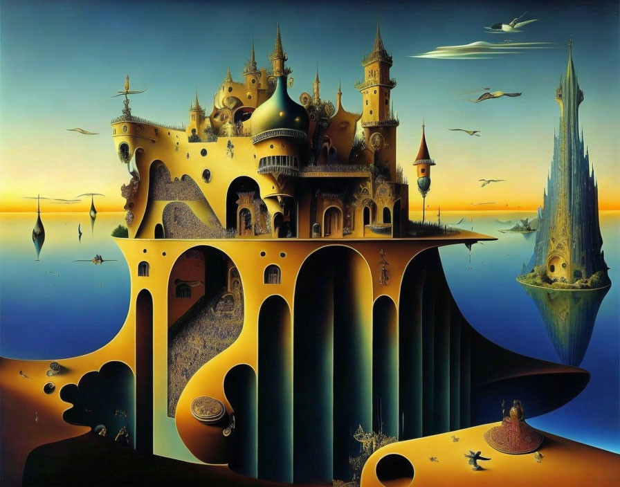 Fantastical castles and towers in surreal twilight landscape