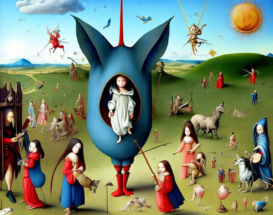 Surreal landscape featuring red-robed characters, giant blue egg, woman inside, and whimsical