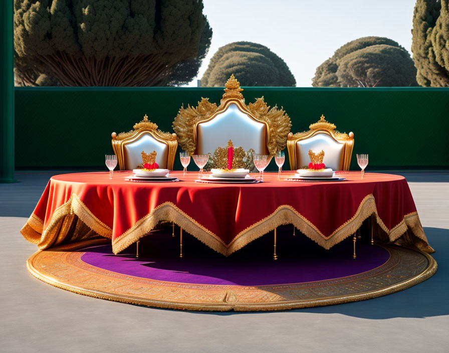 Luxurious Outdoor Banquet Setting with Red-Gold Tablecloth & Ornate Golden Chairs