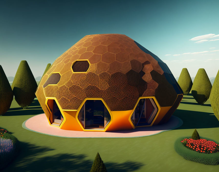 Hexagonal Patterned Dome Building Amidst Colorful Gardens