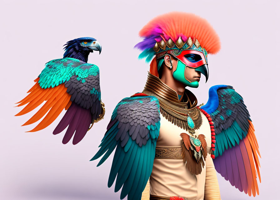 Person with Bird-Like Features & Eagle in Colorful Artwork