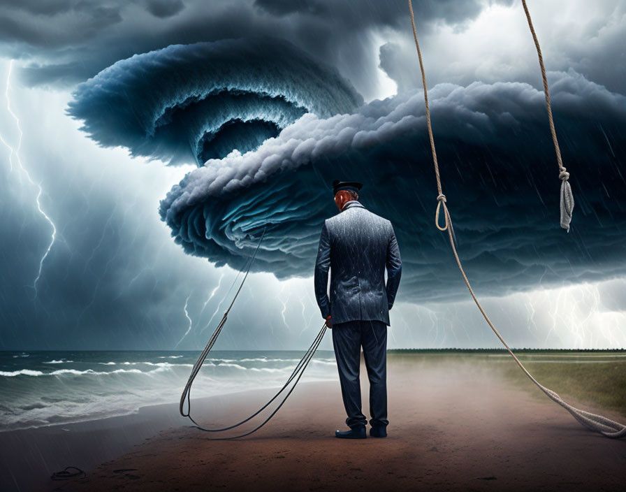 Man in suit holds rope tied to surreal storm cloud on beach under dark sky