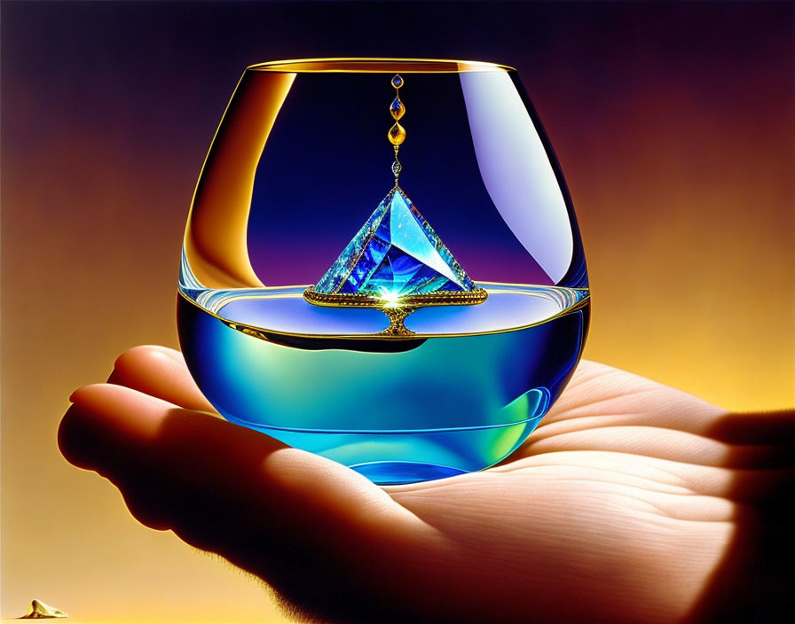 Colorful liquid in glass with reflective pyramid on golden background