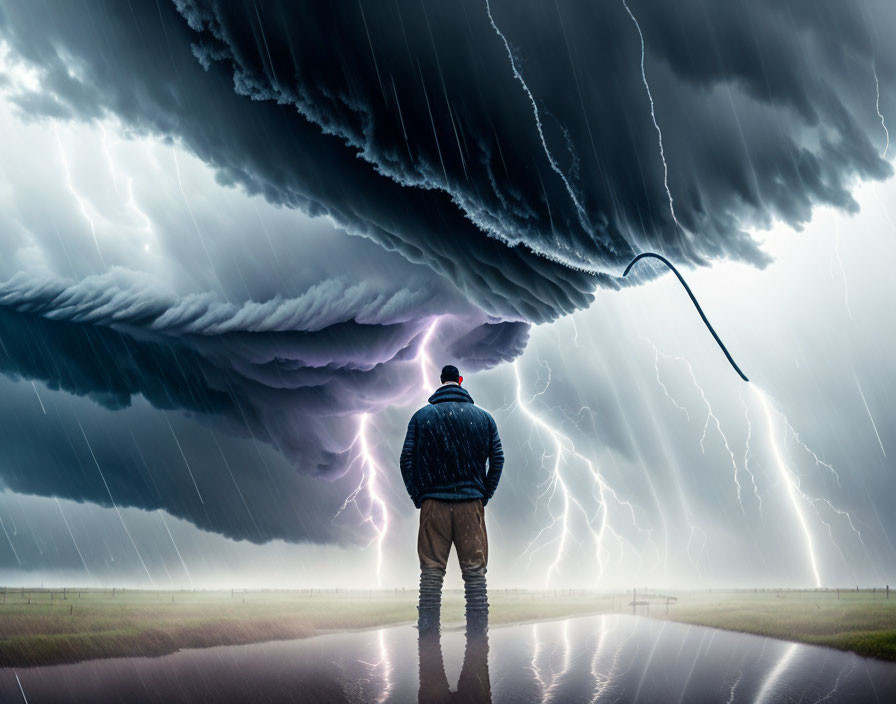 Person standing on wet road facing intense storm with dark clouds and lightning strikes