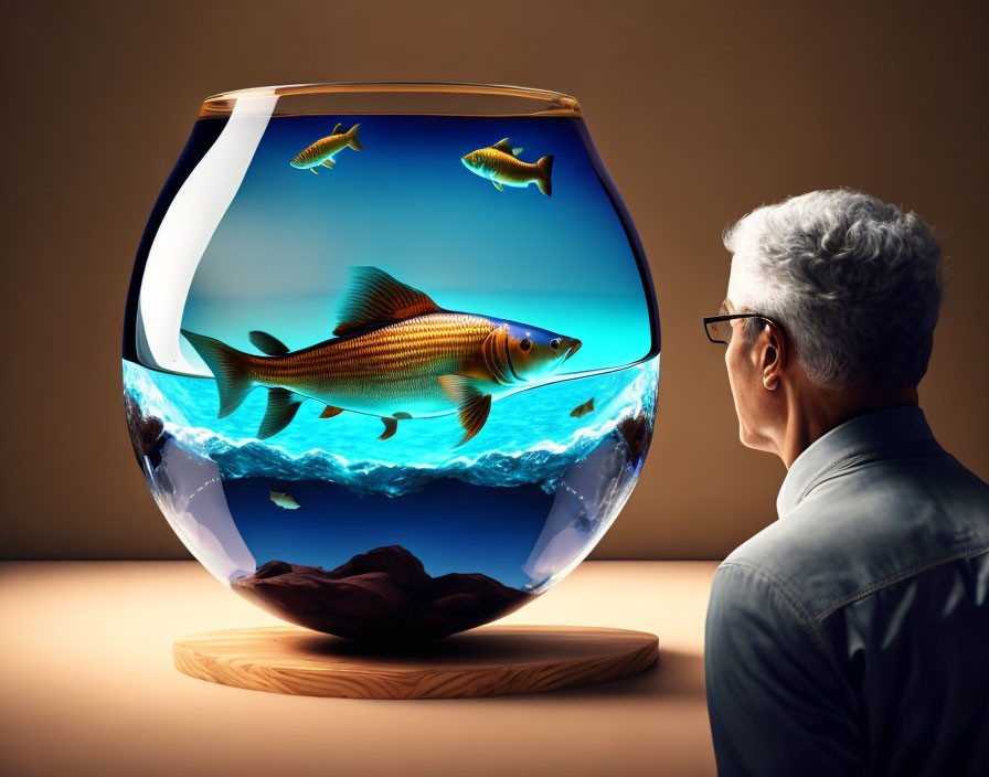 Man observing large fish in surreal oversized fishbowl landscape contrast.