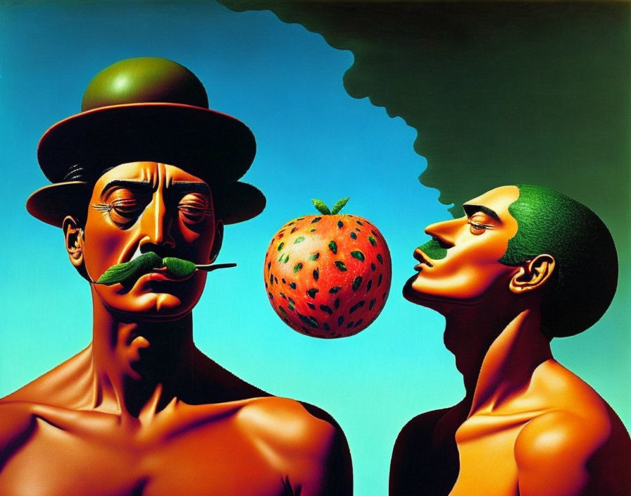 Surreal Artwork: Two Male Figures with Strawberry, Exaggerated Profile, and Bowler