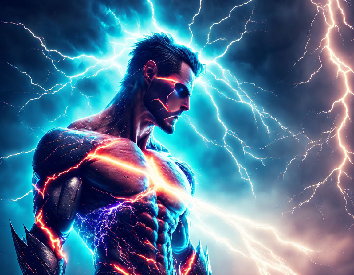 Muscular superhero with glowing eyes and electric veins in dramatic lightning scene
