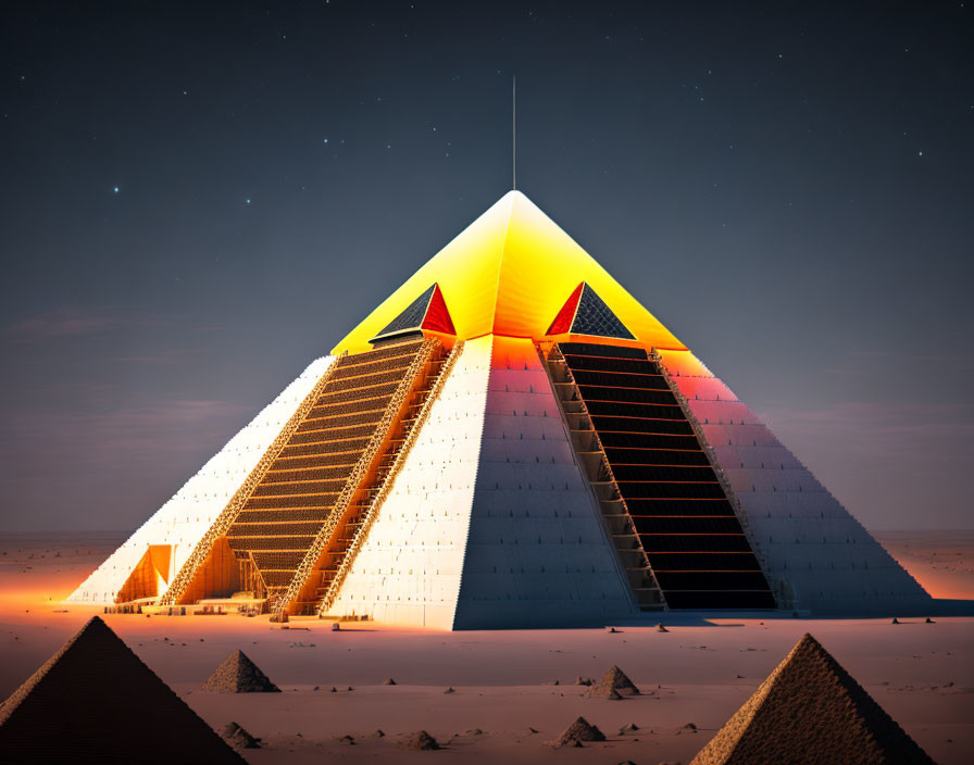 Futuristic illuminated pyramid in desert twilight