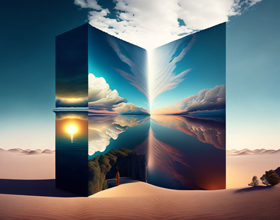 Surreal landscape with towering door, mirrored sky, desert, and figure