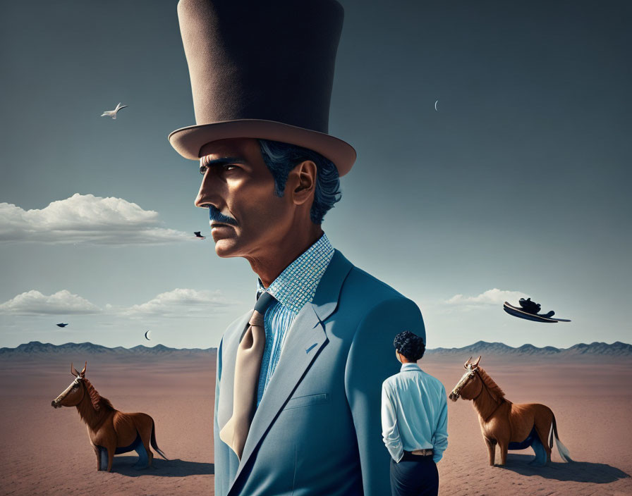 Surreal desert scene with man in oversized top hat, flying boats, horses, and multiple moons