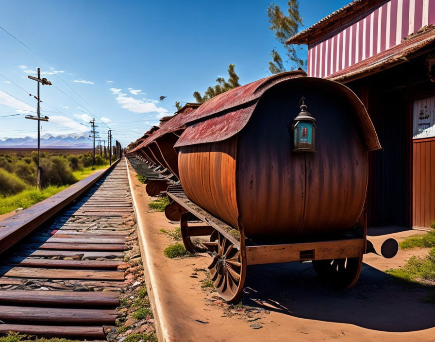 Weathered wooden wagon with lantern beside train track under blue skies.