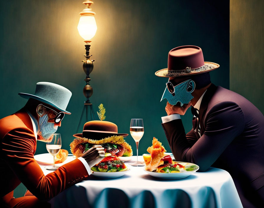 Two people in animal masks at dining table with food and wine, one whispering.