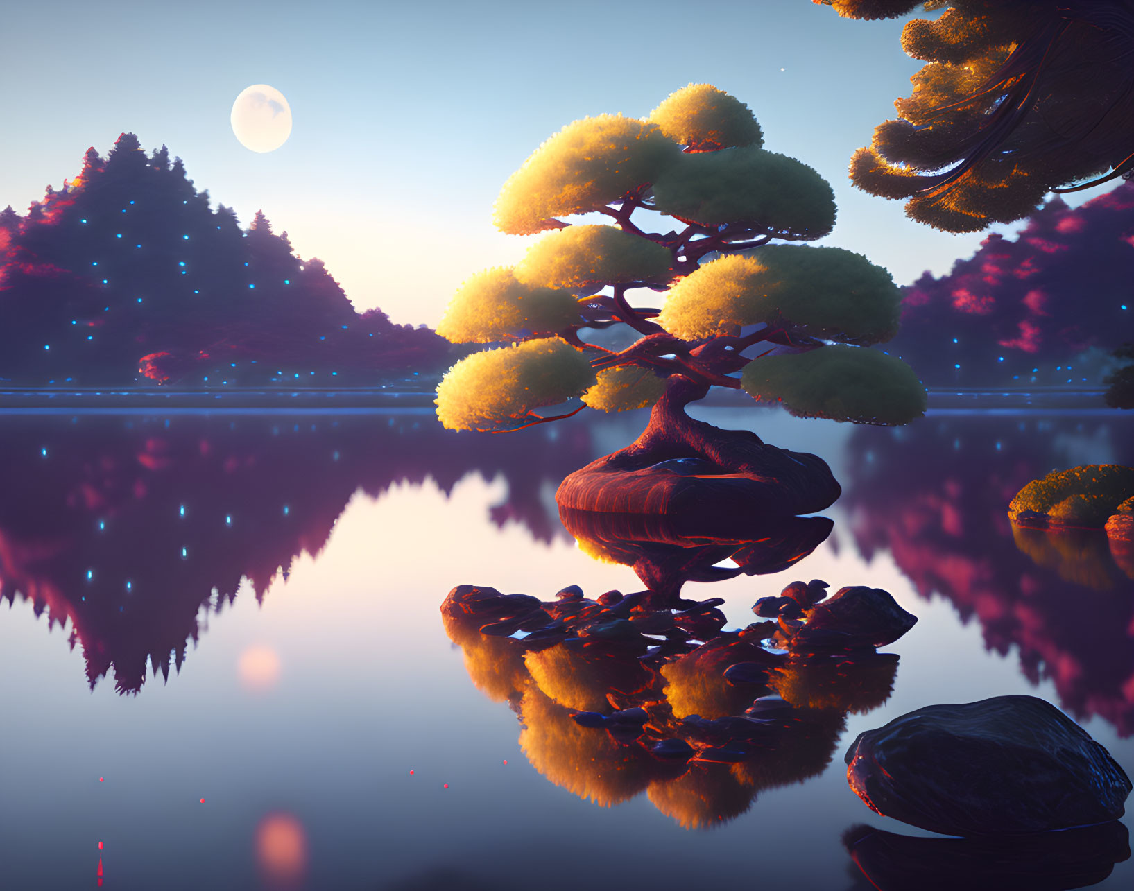 Tranquil landscape with Bonsai tree on lake, moonlit twilight sky