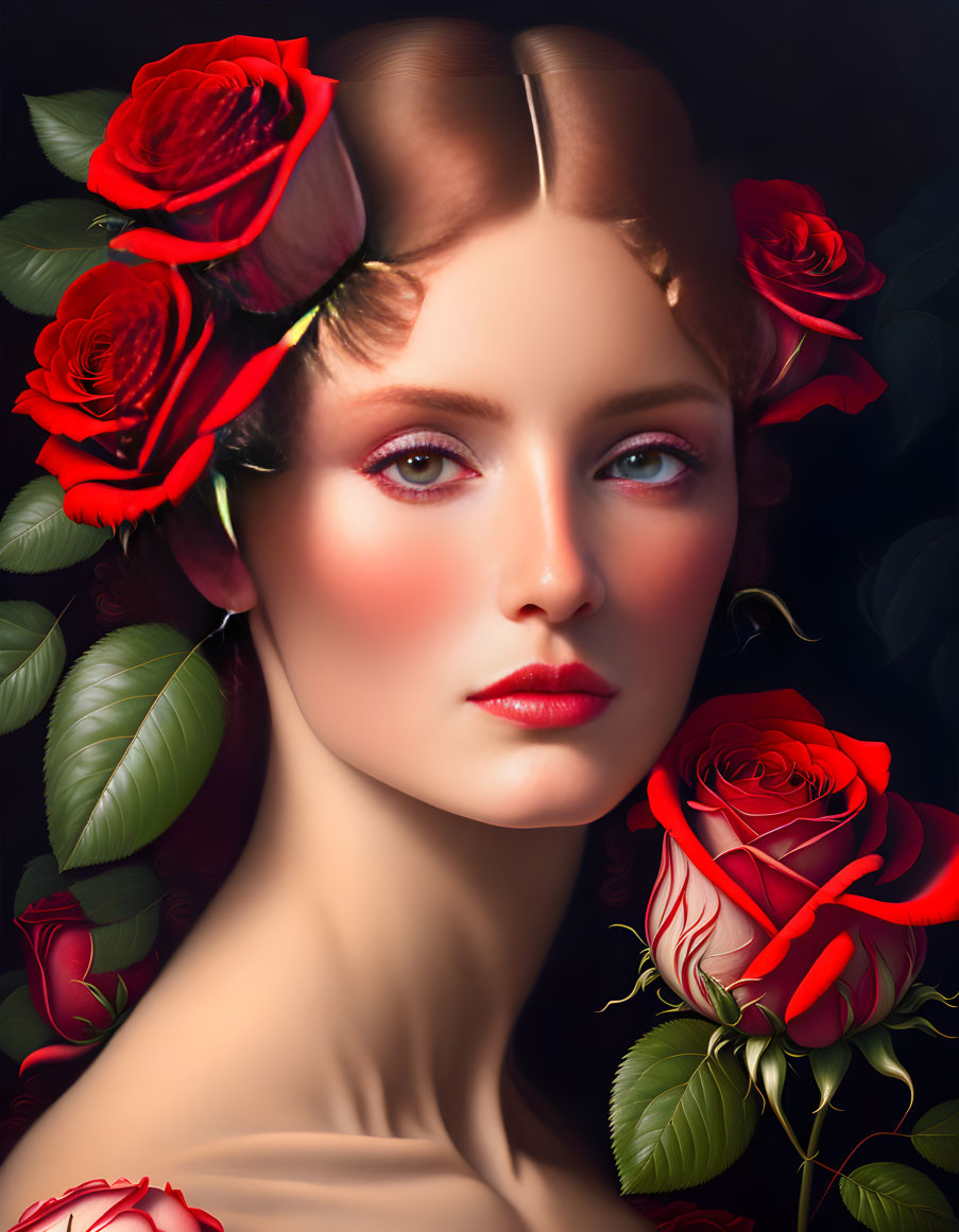 Portrait of Woman with Fair Skin and Red Roses in Hair Surrounded by Rose Foliage
