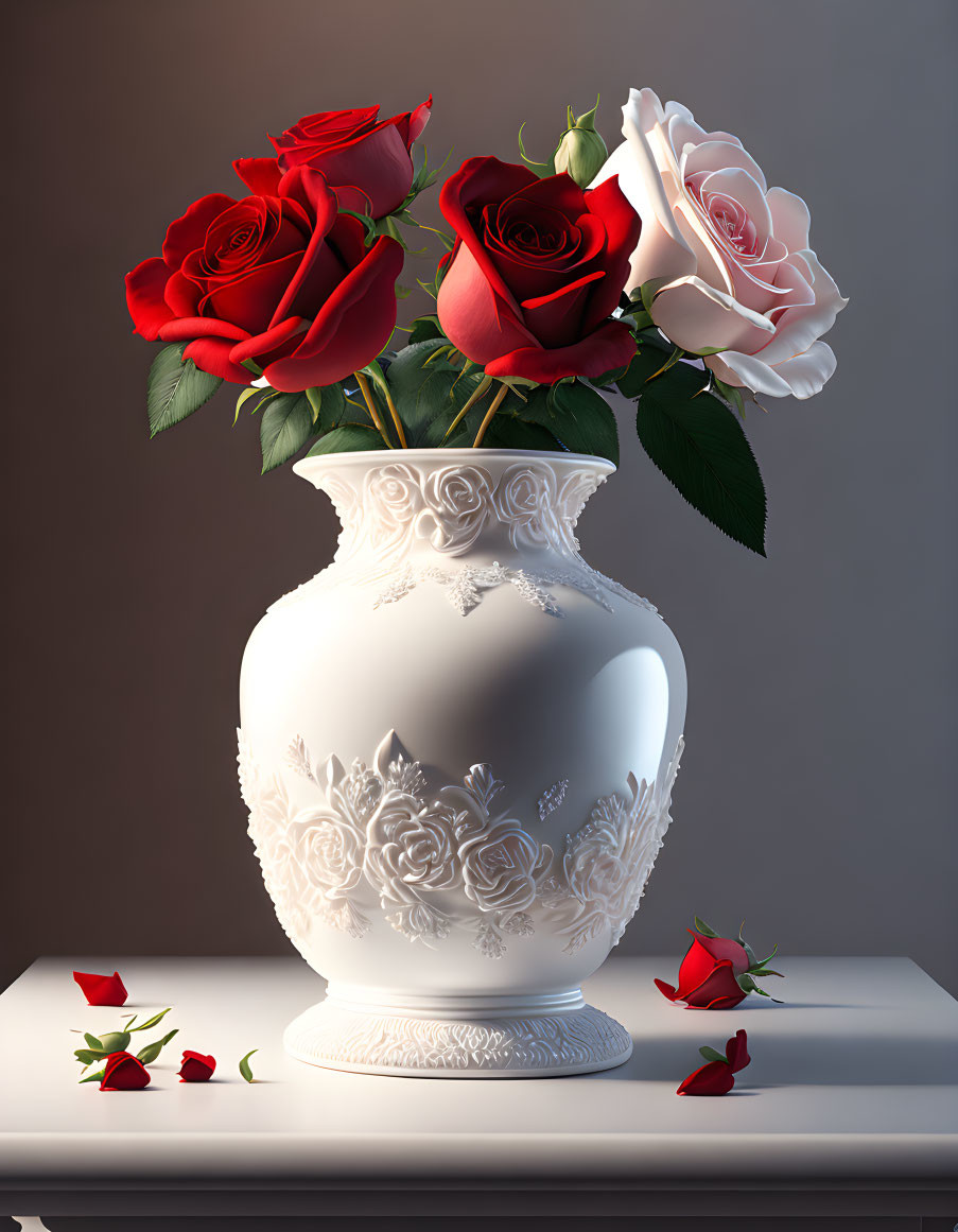 Floral embossed white vase with red and white roses bouquet