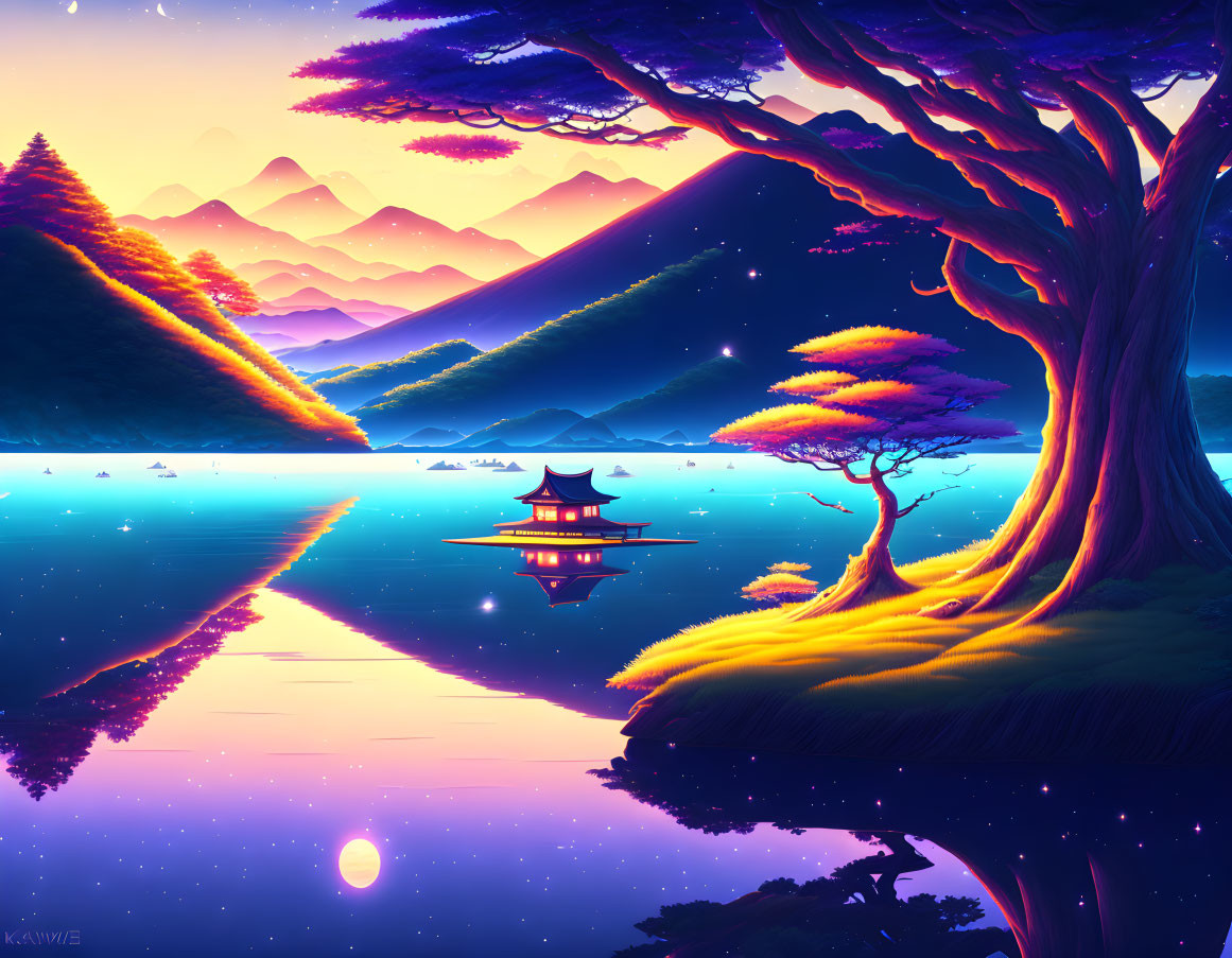 Vibrant landscape with starry sky, purple mountains, reflective lake, pavilion, glowing tree