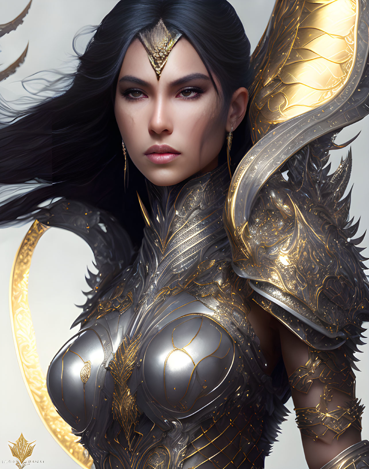 Digital artwork: Woman in black hair, golden-trimmed armor, focused expression