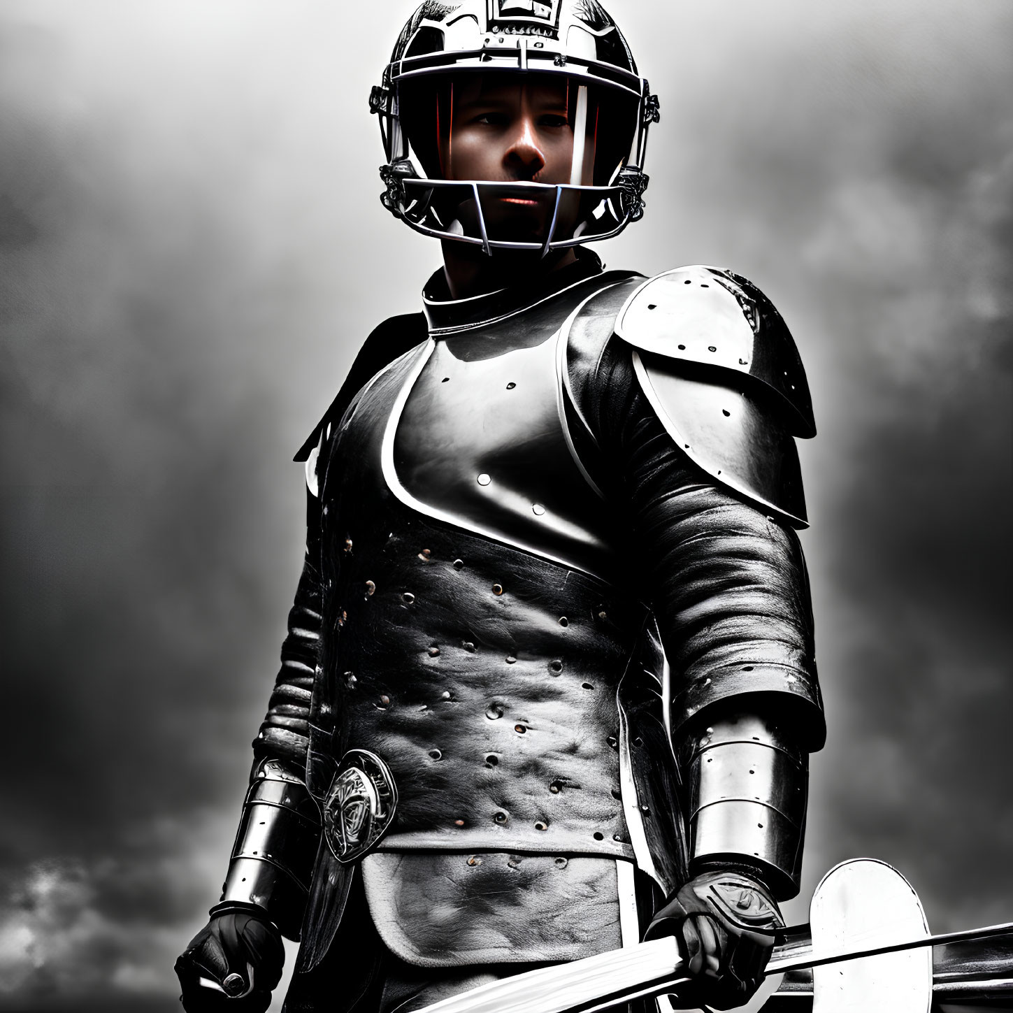 Modern American Football Player in Medieval Knight Armor under Cloudy Sky