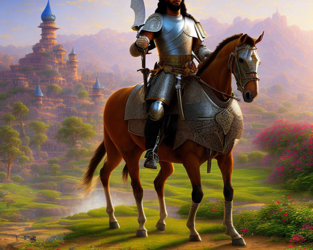 Medieval knight on horseback with castle in lush landscape