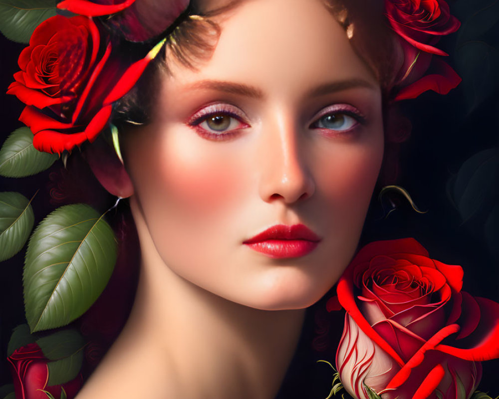 Portrait of Woman with Fair Skin and Red Roses in Hair Surrounded by Rose Foliage