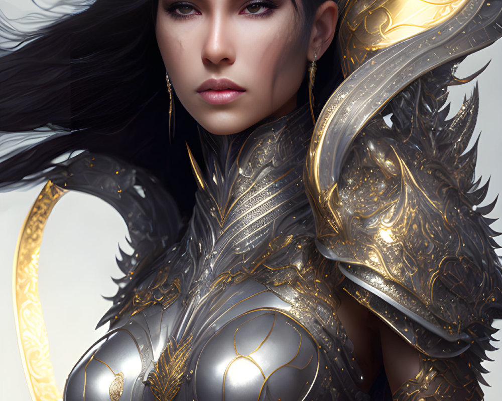 Digital artwork: Woman in black hair, golden-trimmed armor, focused expression