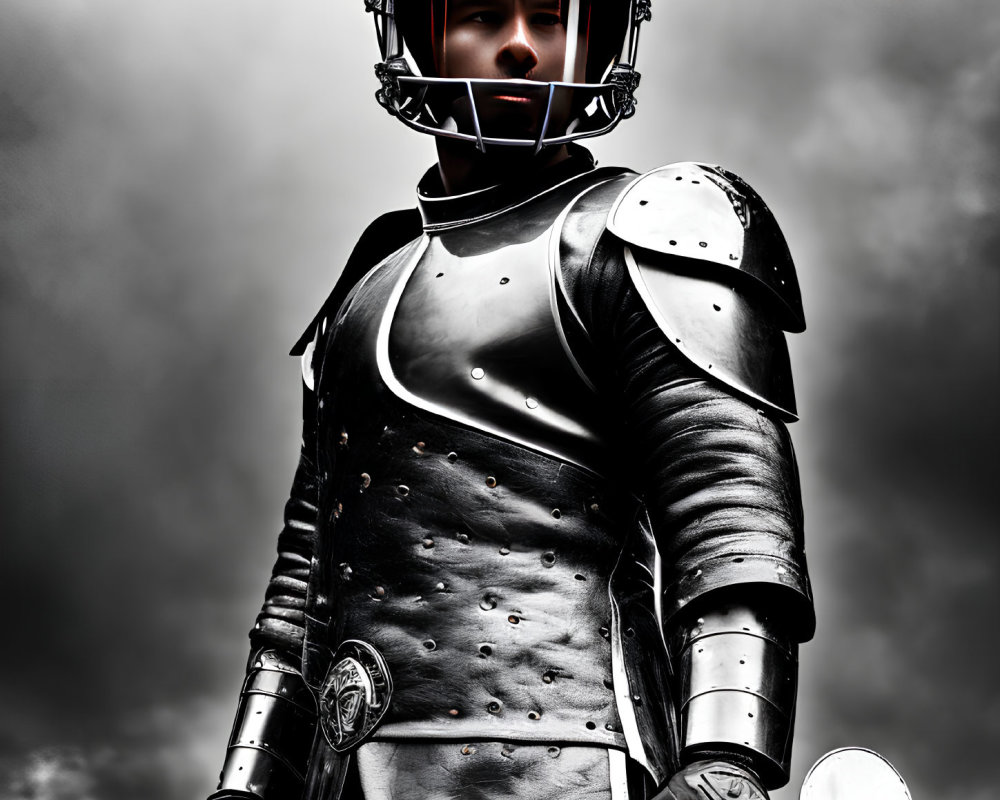 Modern American Football Player in Medieval Knight Armor under Cloudy Sky