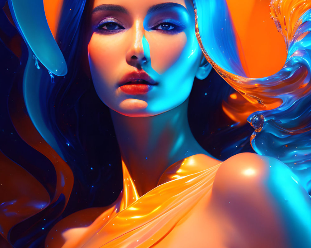 Vibrant digital artwork: woman with blue and orange hair under neon lights