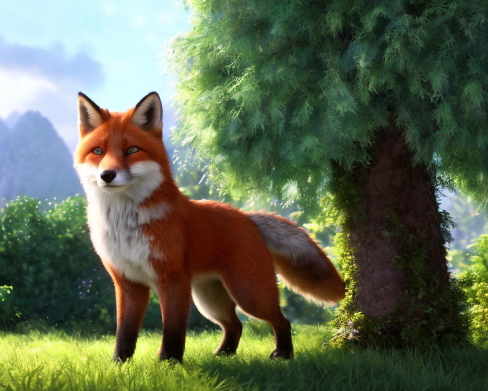 Detailed 3D illustration: Red fox in sunlit forest