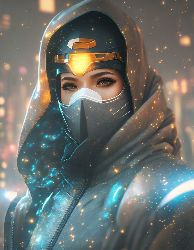 Futuristic portrait of person in hijab with tech visor in golden light.