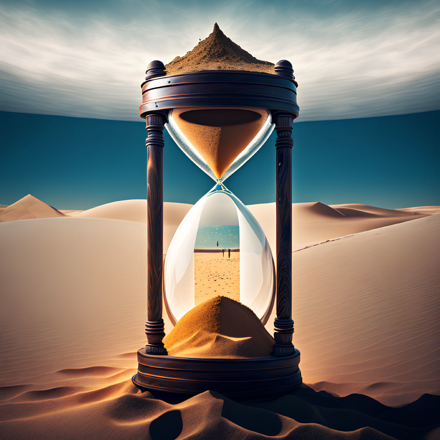 Hourglass in Desert: Sand Flows, Reality Meets Surreal Beach Scene