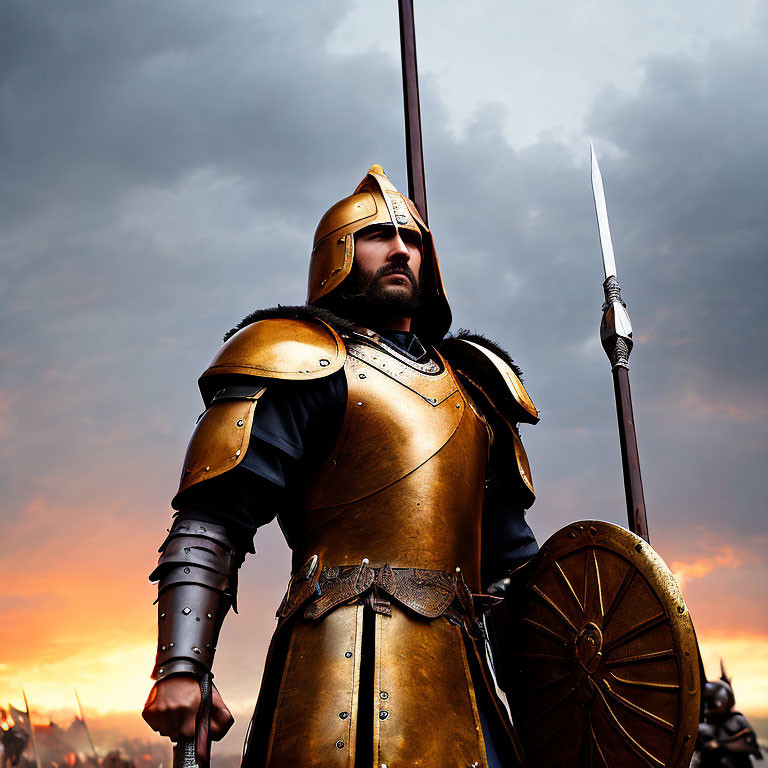 Medieval warrior in golden armor with spear at sunset