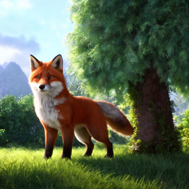 Detailed 3D illustration: Red fox in sunlit forest